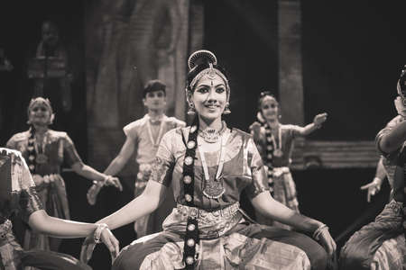 Classical Indian dancers dane on stage on July 10,2019 in Bengaluru,Indiaのeditorial素材