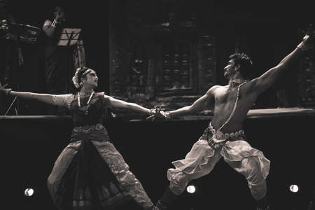 Classical Indian dancers dane on stage on July 10,2019 in Bengaluru,Indiaのeditorial素材