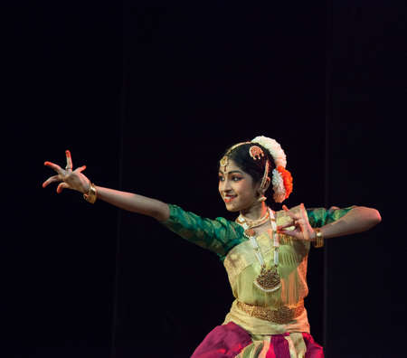 Classical Indian dancers dane on stage on July 10,2019 in Bengaluru,Indiaのeditorial素材