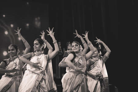 Classical Indian dancers dane on stage on July 10,2019 in Bengaluru,Indiaのeditorial素材
