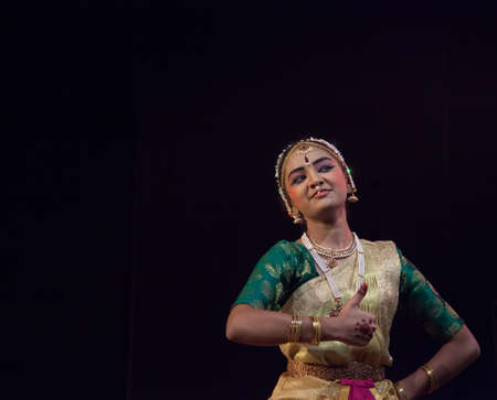 Classical Indian dancers dane on stage on July 10,2019 in Bengaluru,Indiaのeditorial素材