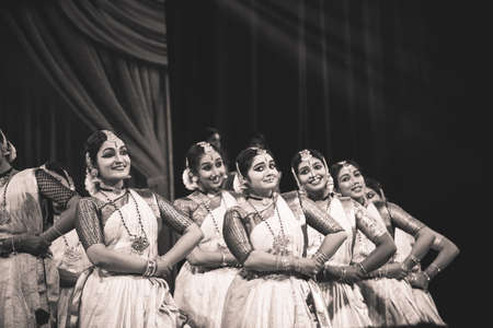 Classical Indian dancers dane on stage on July 10,2019 in Bengaluru,Indiaのeditorial素材