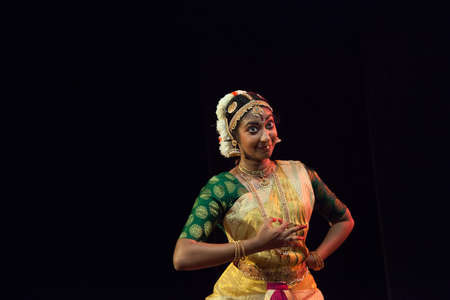 Classical Indian dancers dane on stage on July 10,2019 in Bengaluru,Indiaのeditorial素材