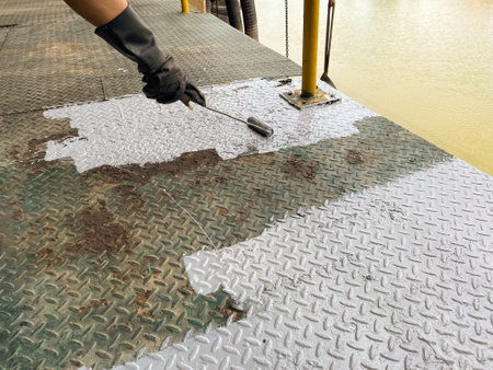 Worker washes the floor with a scraper, close-upの写真素材