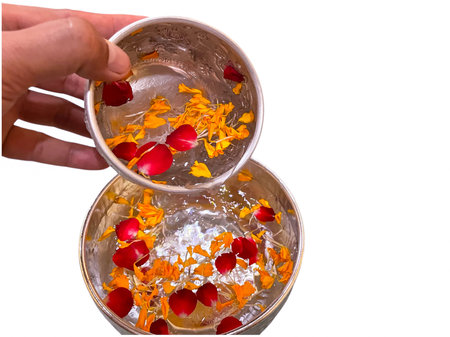 Man's hand pouring rose petals into a bowl of water isolated on white background