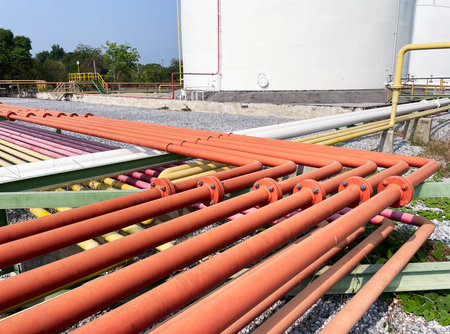 Pipeline with multi-colored pipes on the construction site.