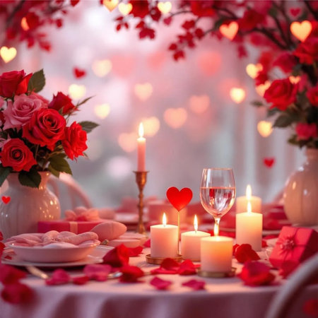 Romantic dinner with candles and roses on table in room decorated with heartsの素材