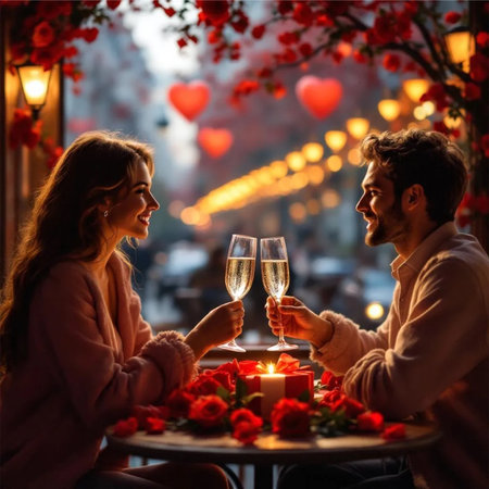 Romantic dinner in Paris. Happy young couple toasting with champagne glasses while celebrating Valentine's Dayの素材