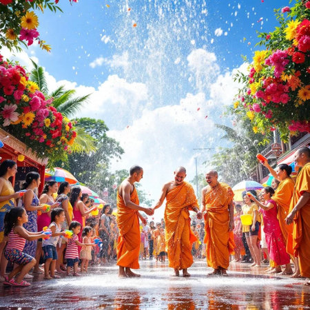 Unidentified Buddhist monks pour water on each other at Songkran festival in Chiang Mai, Thailand.の素材