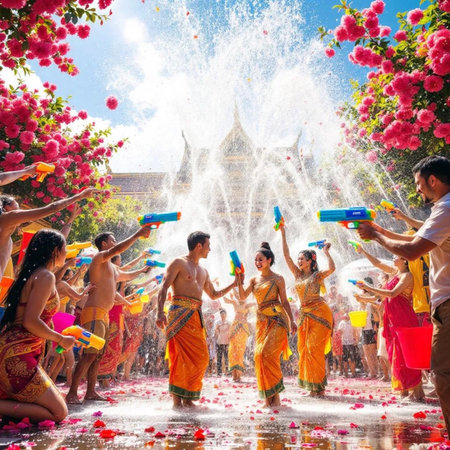 Unidentified Thai people pour water on each other during Songkran festival in Kanchanaburi, Thailand.の素材