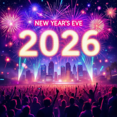 New Year celebration with fireworks and crowd of people. New year conceptの素材