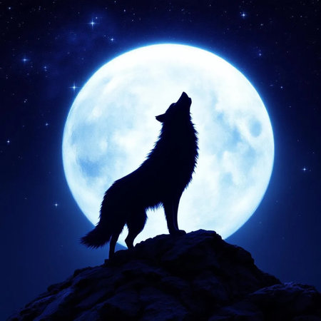 Silhouette of wolf standing on a rock against the background of the moonの素材