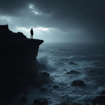 Silhouette of a man standing on the edge of a cliffの素材