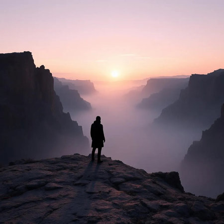 Silhouette of a man standing on the edge of a cliff and looking at the sunrise over the Grand Canyonの素材