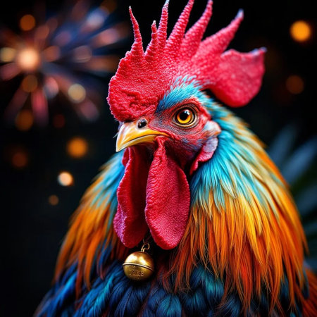 Colorful rooster head with firework on black background, close upの素材