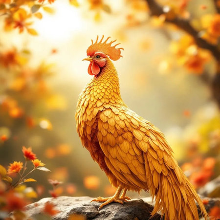 Rooster in the autumn forest. Beautiful rooster in natureの素材