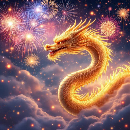Golden dragon with fireworks in the night sky. 3d illustration.の素材