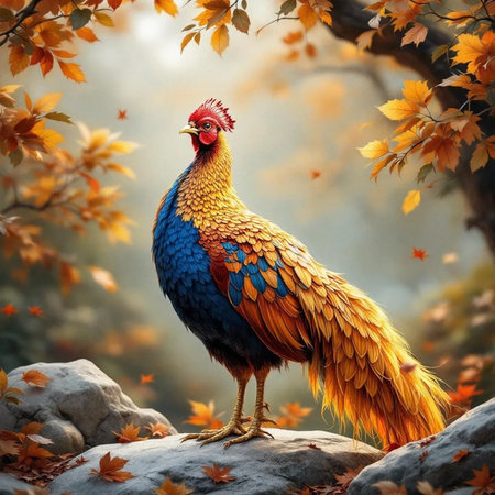 Colorful rooster standing on a rock in the autumn forest.の素材