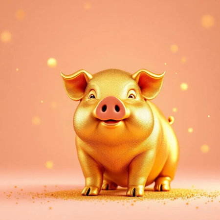 Golden piggy bank on a pink background. 3d rendering.の素材