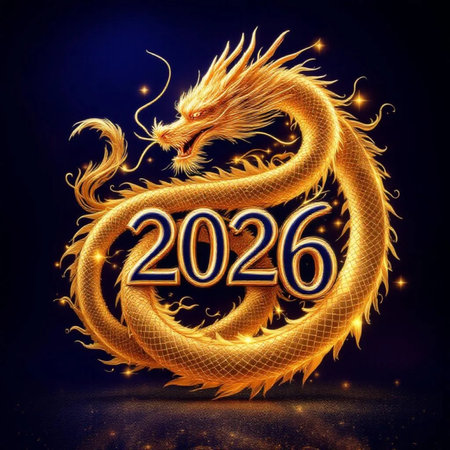 Happy New Year 2016. Golden dragon on a dark blue background.の素材