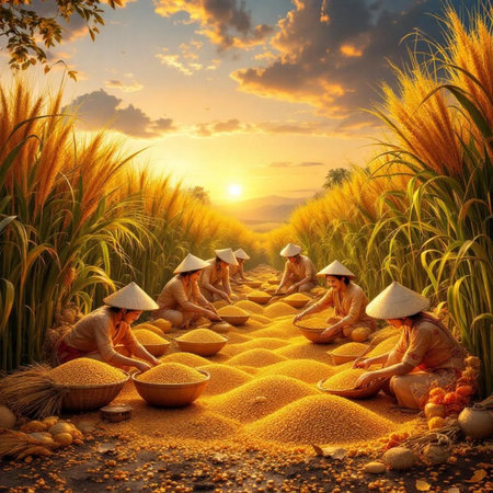 Thai farmers harvest rice in the rice field at sunset,Thailandの素材