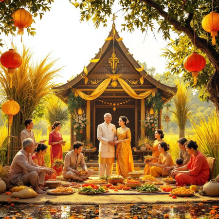 Unidentified people in traditional Buddhist ordination ceremony in Kanchanaburi, Thailand.の素材