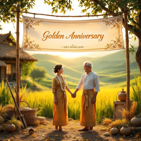 Senior couple holding hands while standing in rice field at sunset, Thailandの素材