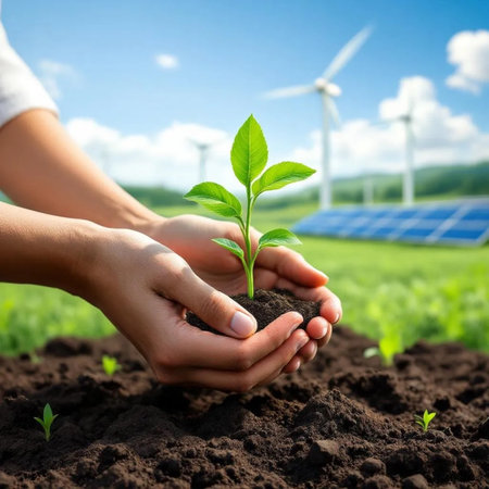 Human hands holding green seedling in soil with wind turbines on backgroundの素材