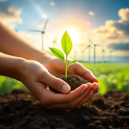 Hands holding green sprout in soil with wind turbines on backgroundの素材