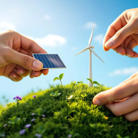Close-up of human hands holding solar panels and wind turbine on green grassの素材