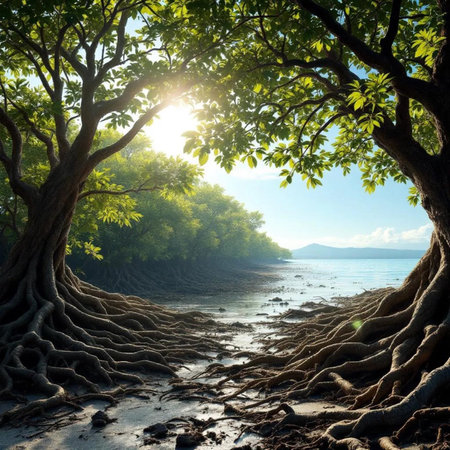 Mangrove tree on the beach at sunset, Thailand.の素材