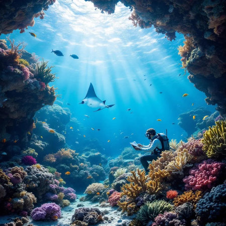 Underwater view of a man diving in the Red Sea, Egyptの素材