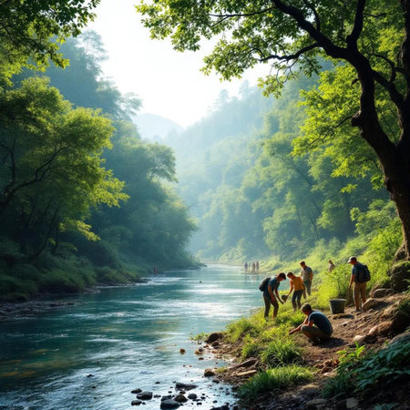 Tourists walking along the mountain river in the forest. Travel conceptの素材