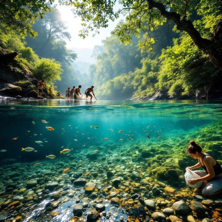 Beautiful landscape with a river and a group of people in the backgroundの素材
