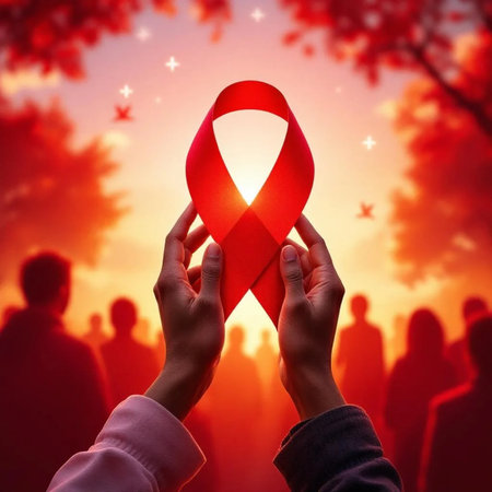 Red ribbon in hands against composite image of group of people at sunsetの素材