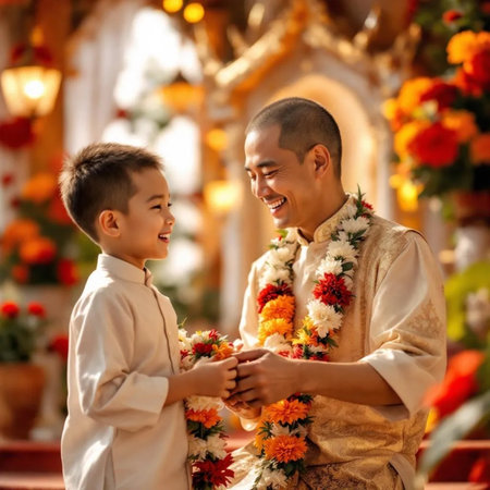 Asian father and son in traditional clothes holding flower garlands in templeの素材