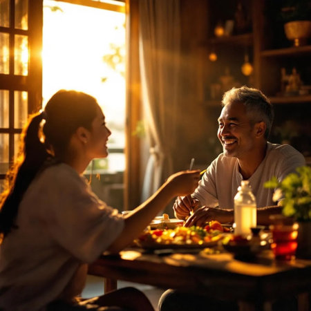 Happy couple having breakfast in the morning at home. Man and woman sitting at the table and eating healthy food.の素材