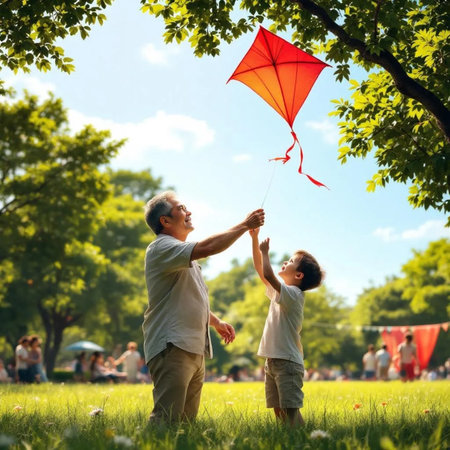 grandfather and grandson playing with kite in park on summer dayの素材