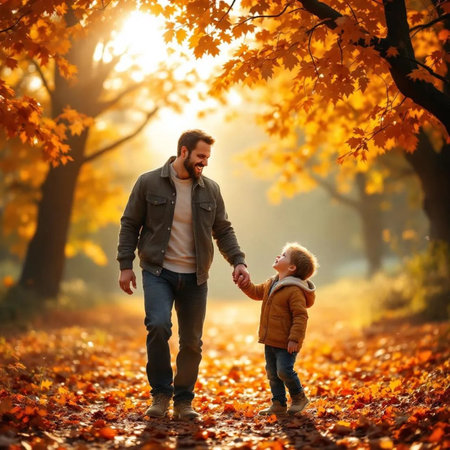 Father and son walking in autumn park. Happy family spending time together.の素材