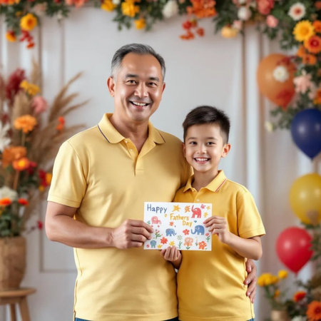 happy asian father and son with greeting card at birthday party in flower shopの素材