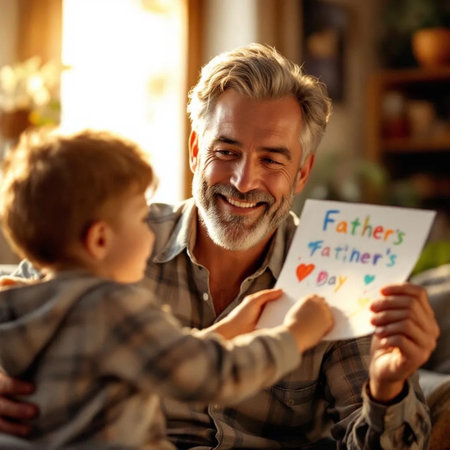 happy father and son with card with lettering stay at home at homeの素材