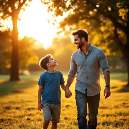 Father and son walking in the park at sunset. Concept of friendly family.の素材