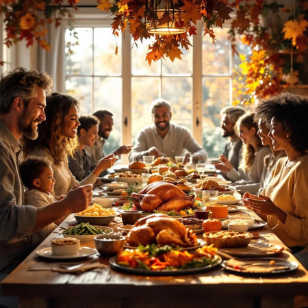 Happy family celebrating Thanksgiving day at home. Group of people having dinner together.の素材