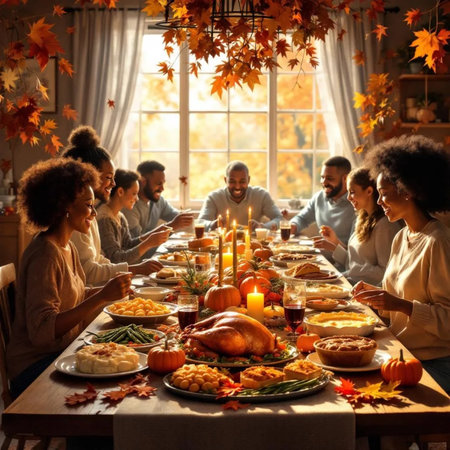 Happy family having Thanksgiving dinner together at home. Smiling parents and their children celebrating Thanksgiving day.の素材