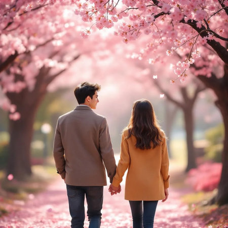 Couple in love walking in blooming cherry blossom garden on spring dayの素材