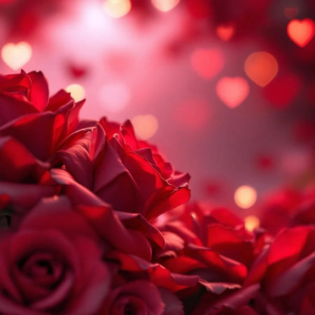 Valentines day background with red roses and hearts bokehの素材