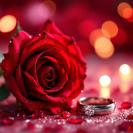 Wedding rings and red rose on bokeh background.の素材