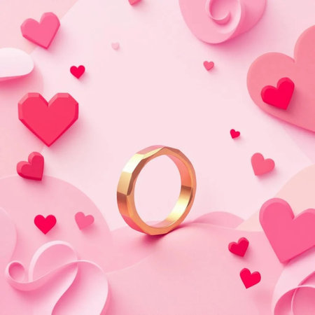 Wedding rings and hearts on pink background. 3d renderingの素材