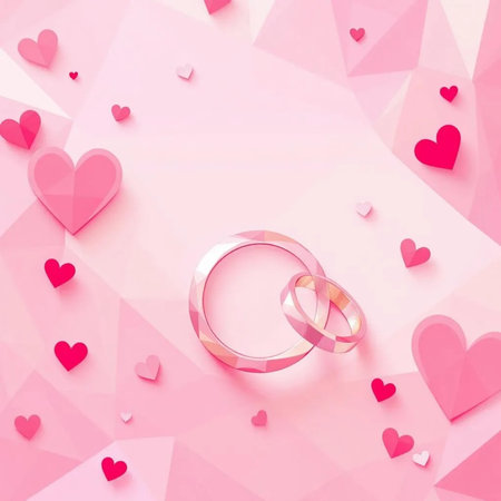 Wedding rings on a pink background with hearts. Vector illustration.の素材