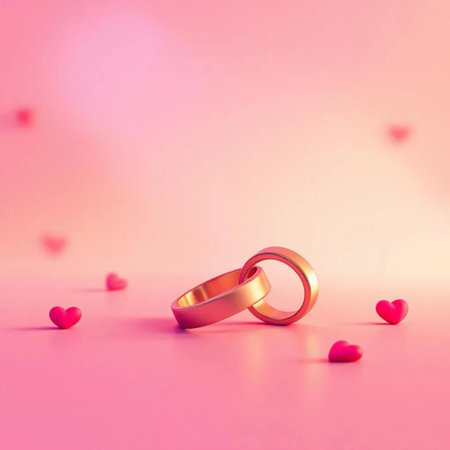 Wedding rings and hearts on pink background. Valentine's day concept.の素材